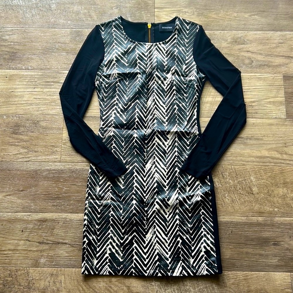 MINKPINK Zebra Chevron Dress Long Sleeve Fishnet